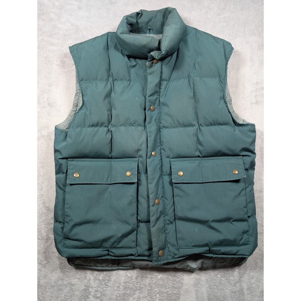 Vintage Eddie Bauer Goose Down Puffer Vest Mens Large Green Zip Up Snap Pockets